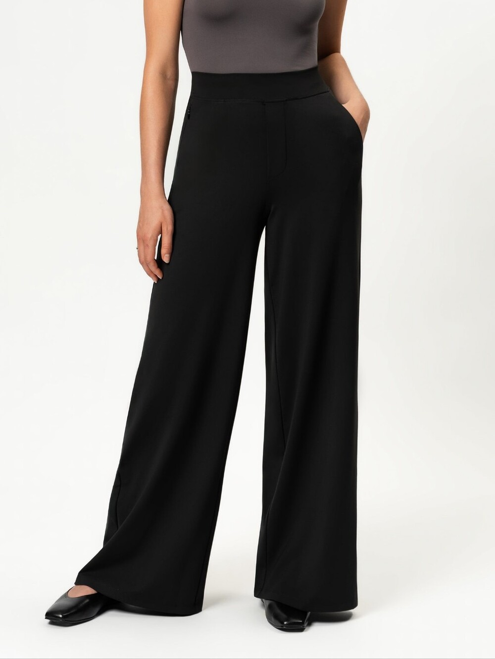 Ninepine Asana Wide Leg High Waist Pants XS Black Stretch Zip Pockets Quiet Lux